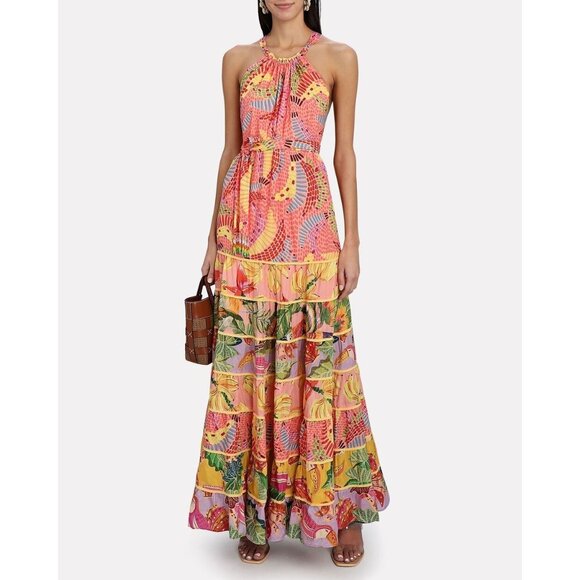 FARM Rio Maxi Dress XL Mixed Prints Floral Tiered Strappy Halter Pink - Picture 16 of 16
